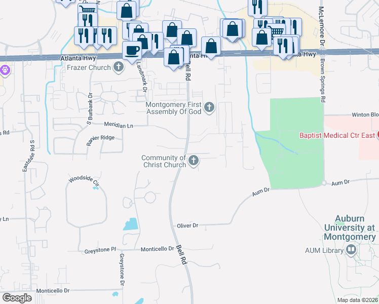 map of restaurants, bars, coffee shops, grocery stores, and more near 308-406 Bell Road in Montgomery
