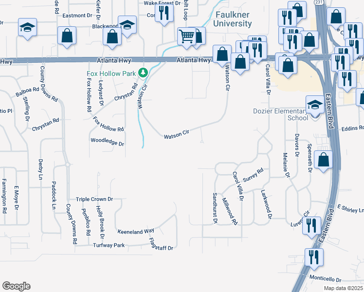 map of restaurants, bars, coffee shops, grocery stores, and more near 90 Watson Circle in Montgomery