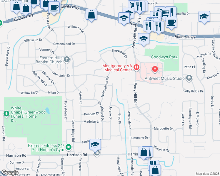 map of restaurants, bars, coffee shops, grocery stores, and more near 614 Joryne Drive in Montgomery
