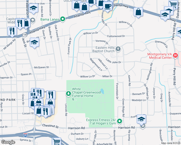 map of restaurants, bars, coffee shops, grocery stores, and more near 3132-3136 Milan Drive in Montgomery