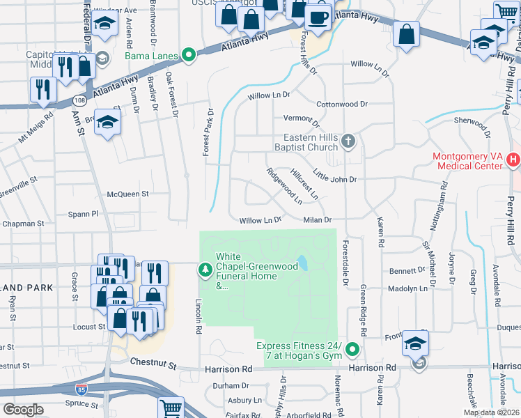 map of restaurants, bars, coffee shops, grocery stores, and more near 3132-3136 Milan Drive in Montgomery