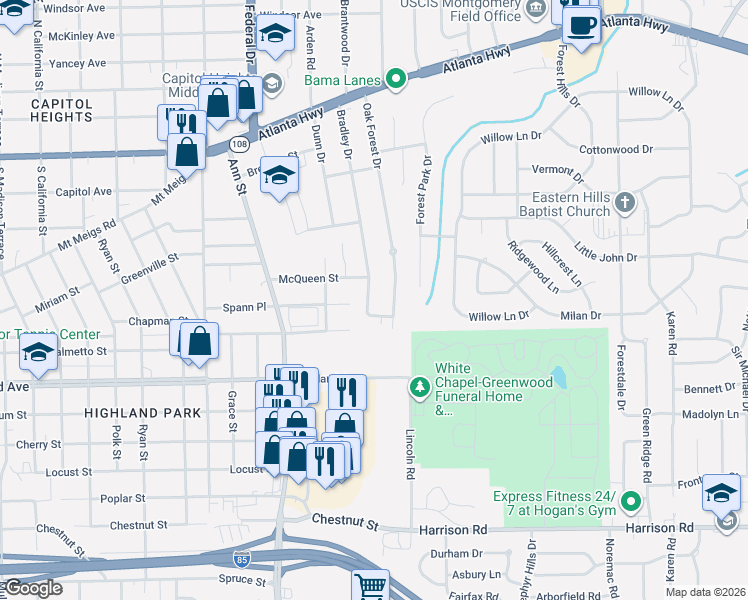map of restaurants, bars, coffee shops, grocery stores, and more near 210 Oak Forest Drive in Montgomery