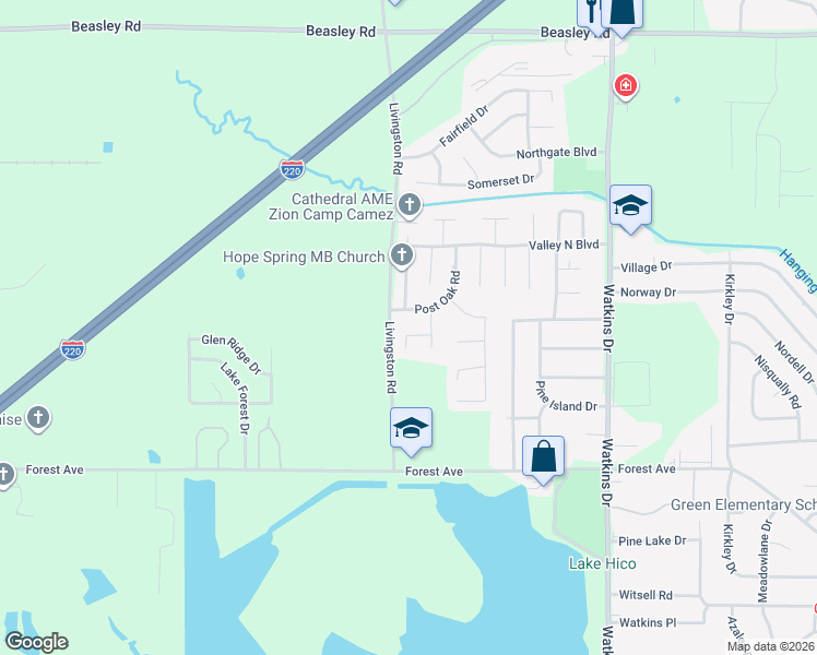 map of restaurants, bars, coffee shops, grocery stores, and more near 332 Post Oak Road in Jackson