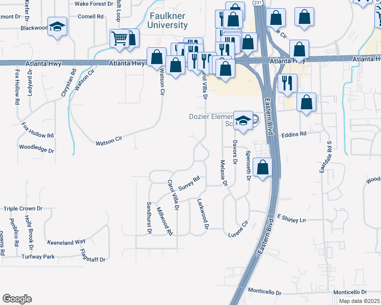 map of restaurants, bars, coffee shops, grocery stores, and more near 318 Carol Villa Drive in Montgomery