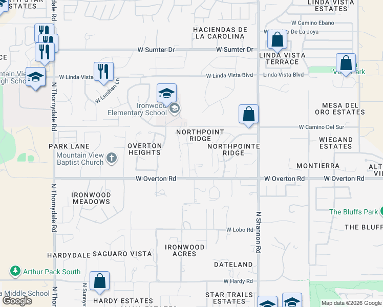 map of restaurants, bars, coffee shops, grocery stores, and more near 9300 North Moon View Place in Tucson