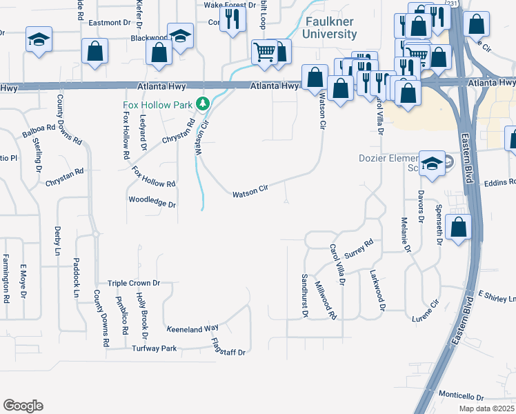 map of restaurants, bars, coffee shops, grocery stores, and more near 90 Watson Circle in Montgomery