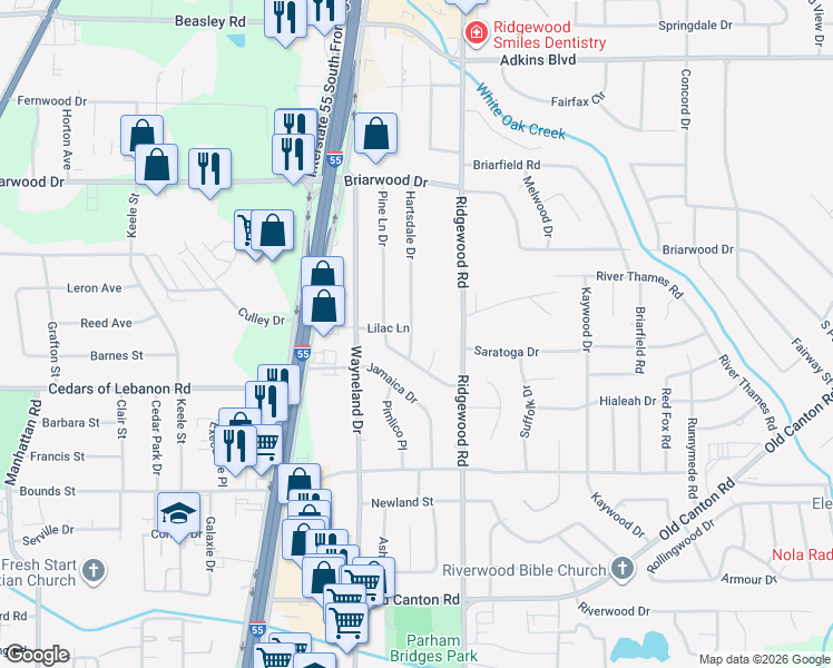 map of restaurants, bars, coffee shops, grocery stores, and more near 5366 Hartsdale Drive in Jackson