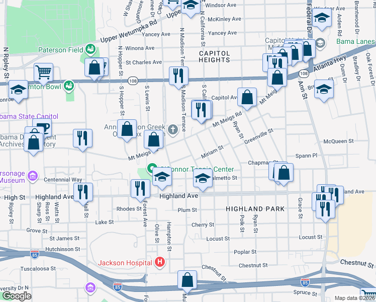 map of restaurants, bars, coffee shops, grocery stores, and more near 330 Boyce Street in Montgomery
