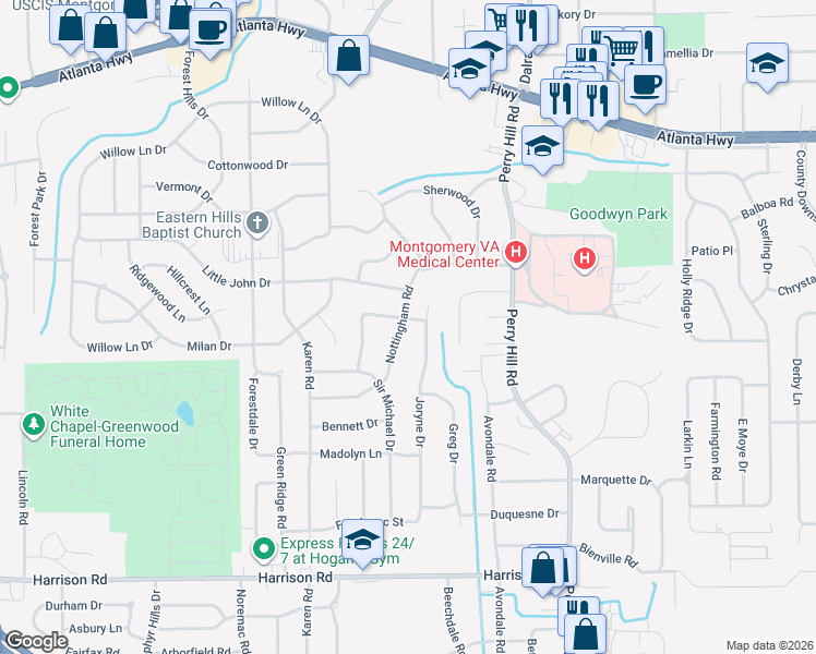 map of restaurants, bars, coffee shops, grocery stores, and more near 614 Joryne Drive in Montgomery