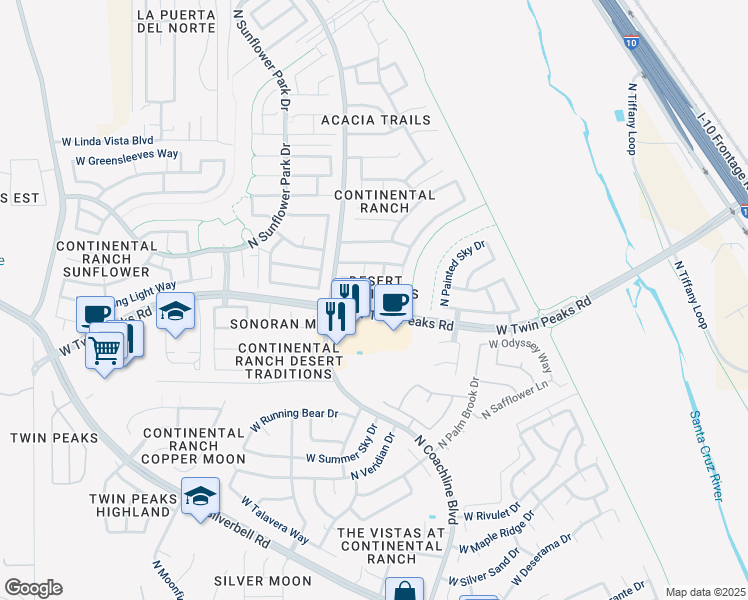 map of restaurants, bars, coffee shops, grocery stores, and more near 9283 North Indian Summer Drive in Tucson