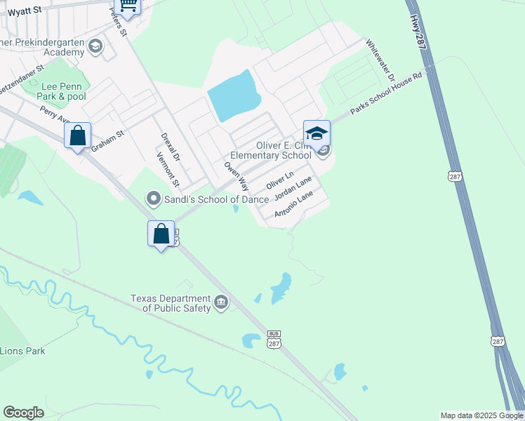 map of restaurants, bars, coffee shops, grocery stores, and more near 600 Jordan Lane in Waxahachie