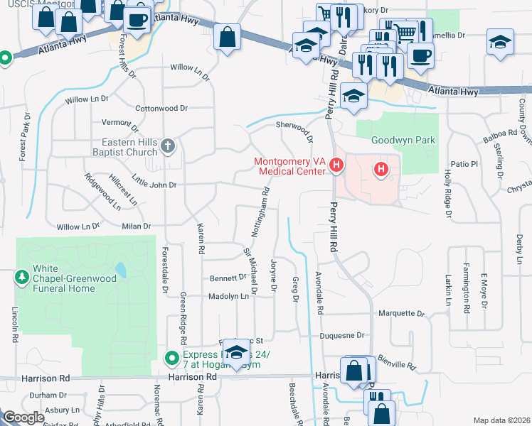 map of restaurants, bars, coffee shops, grocery stores, and more near 614 Joryne Drive in Montgomery