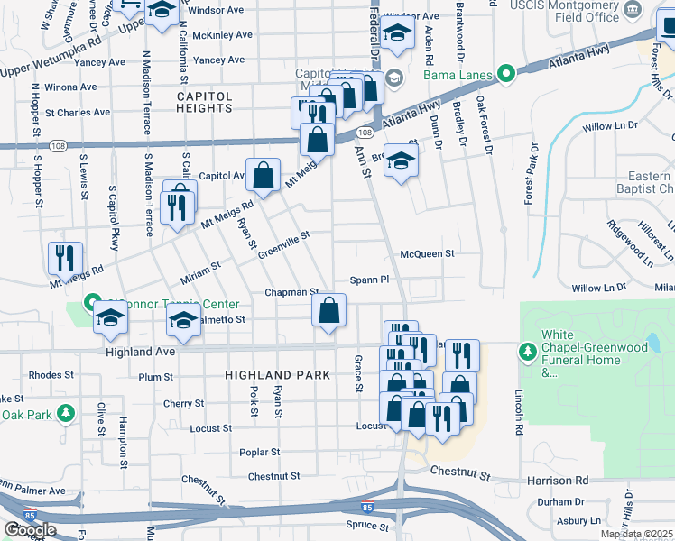 map of restaurants, bars, coffee shops, grocery stores, and more near 433 South Panama Street in Montgomery