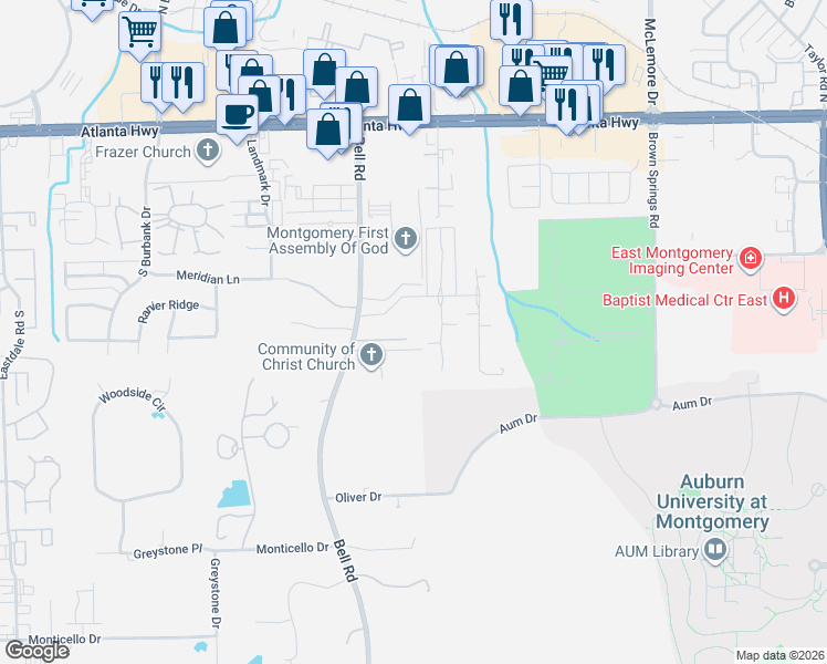 map of restaurants, bars, coffee shops, grocery stores, and more near 6224 Bell Road Court in Montgomery