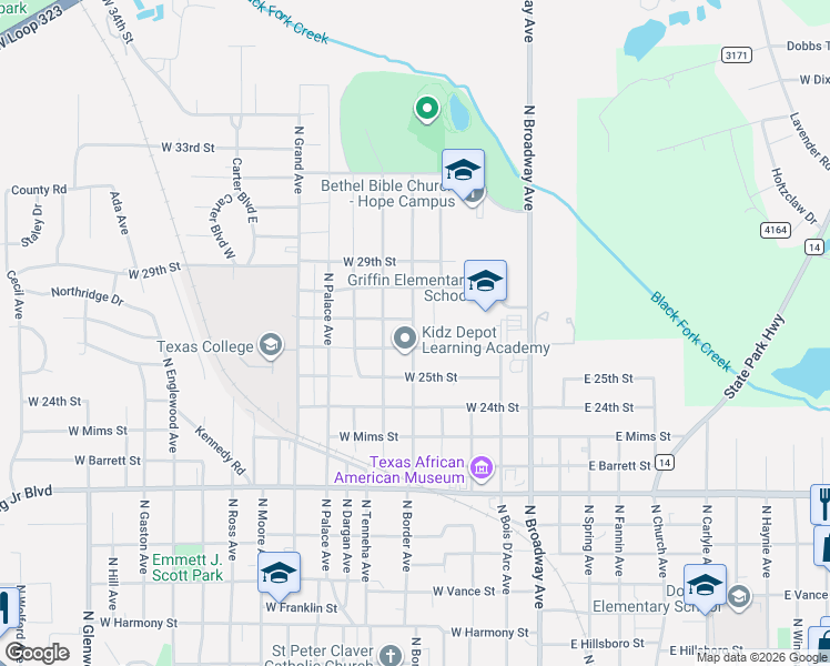 map of restaurants, bars, coffee shops, grocery stores, and more near 2602 North Border Avenue in Tyler