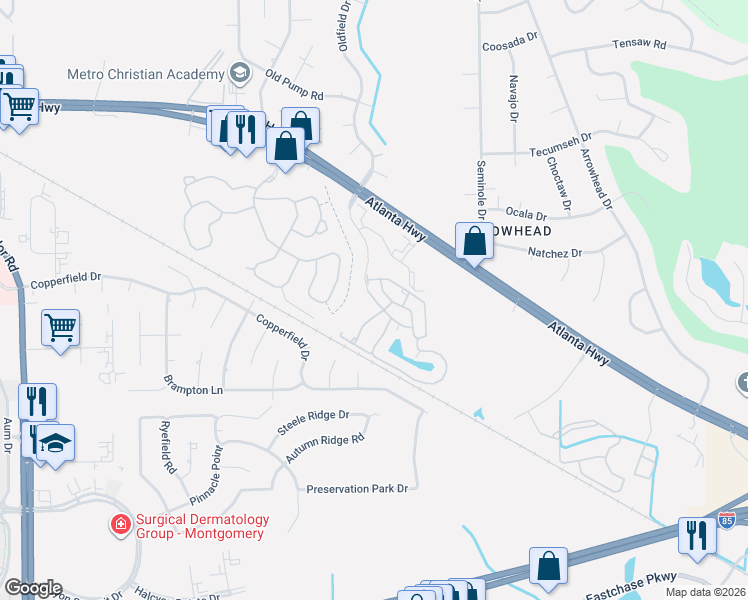 map of restaurants, bars, coffee shops, grocery stores, and more near 280 New Haven Boulevard in Montgomery