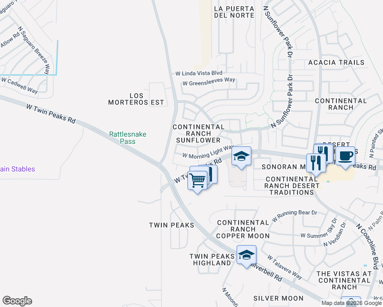 map of restaurants, bars, coffee shops, grocery stores, and more near 8078 West Morning Light Way in Tucson
