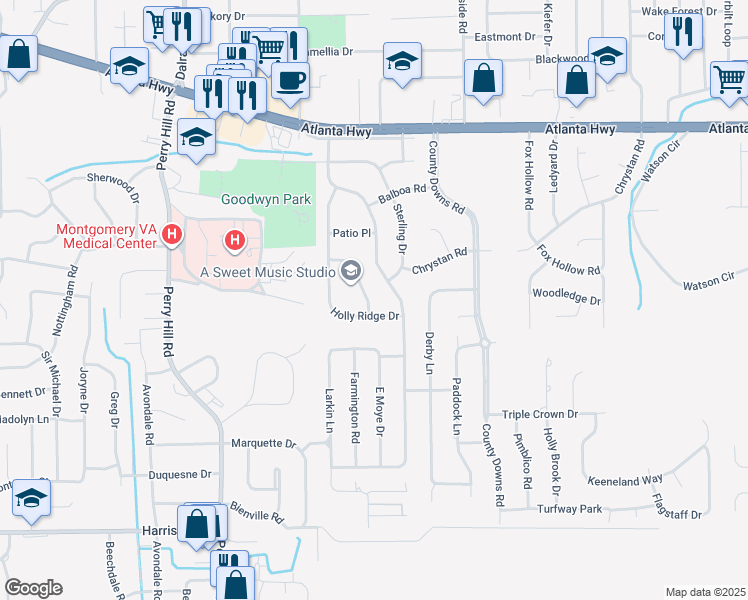 map of restaurants, bars, coffee shops, grocery stores, and more near 337 Mont Vista Drive in Montgomery