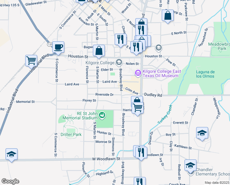 map of restaurants, bars, coffee shops, grocery stores, and more near in Kilgore