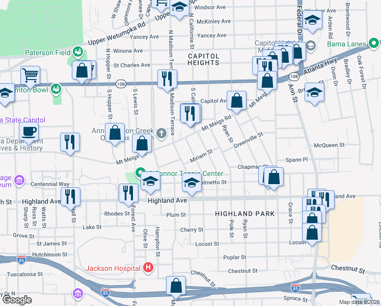 map of restaurants, bars, coffee shops, grocery stores, and more near 336 Arthur Street in Montgomery
