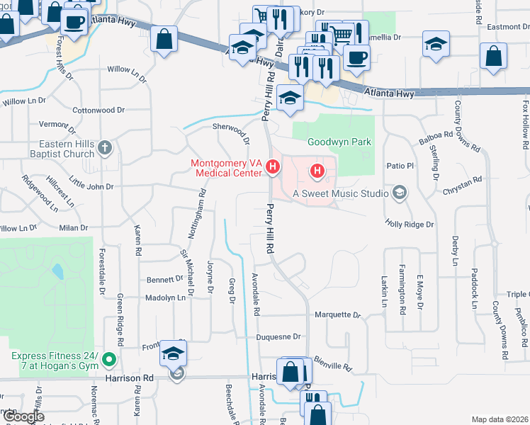 map of restaurants, bars, coffee shops, grocery stores, and more near 3825 Perry Hill Court in Montgomery