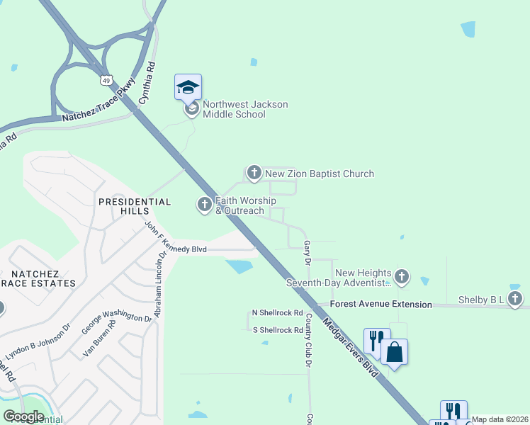 map of restaurants, bars, coffee shops, grocery stores, and more near 145 Red Oak Street in Jackson