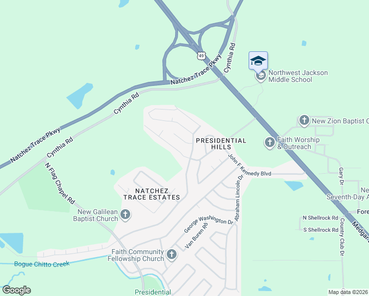 map of restaurants, bars, coffee shops, grocery stores, and more near 351 Roosevelt Place in Jackson