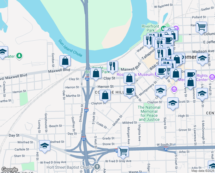 map of restaurants, bars, coffee shops, grocery stores, and more near 200 Hanrick Street in Montgomery
