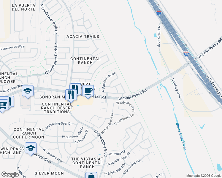 map of restaurants, bars, coffee shops, grocery stores, and more near 7321 West Sunset Mountain Drive in Tucson