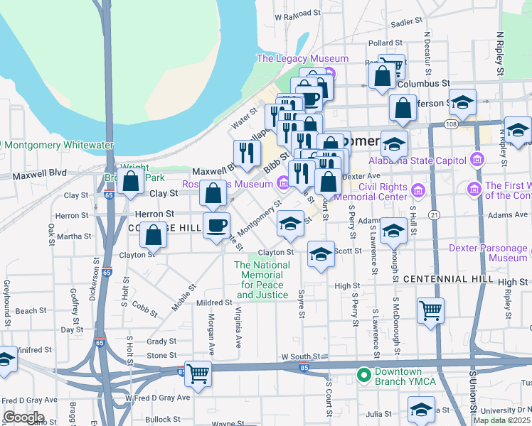 map of restaurants, bars, coffee shops, grocery stores, and more near Montgomery St & Catoma St in Montgomery