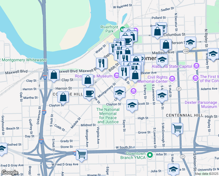 map of restaurants, bars, coffee shops, grocery stores, and more near Montgomery St & Catoma St in Montgomery