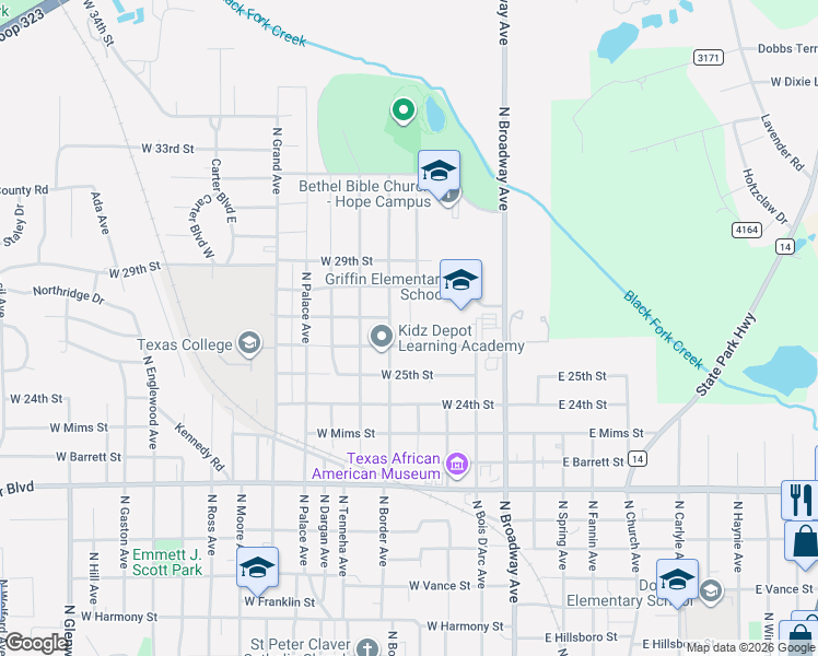 map of restaurants, bars, coffee shops, grocery stores, and more near 2621 North Border Avenue in Tyler