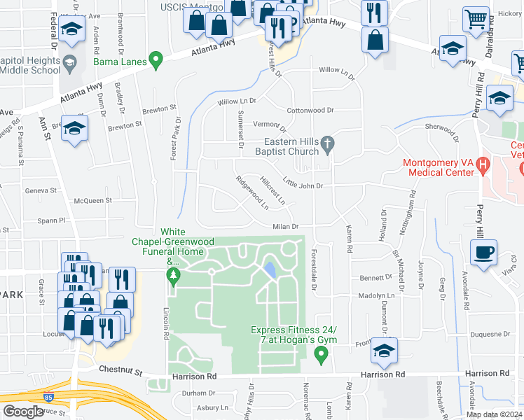 map of restaurants, bars, coffee shops, grocery stores, and more near 516 Ridgewood Lane in Montgomery