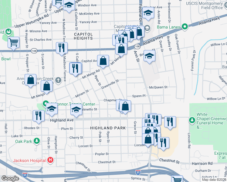 map of restaurants, bars, coffee shops, grocery stores, and more near 408 Calloway Street in Montgomery