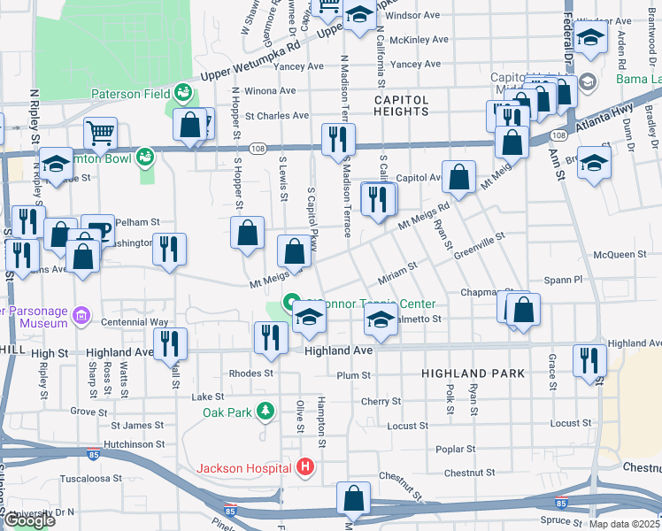 map of restaurants, bars, coffee shops, grocery stores, and more near 1721 Mount Meigs Road in Montgomery