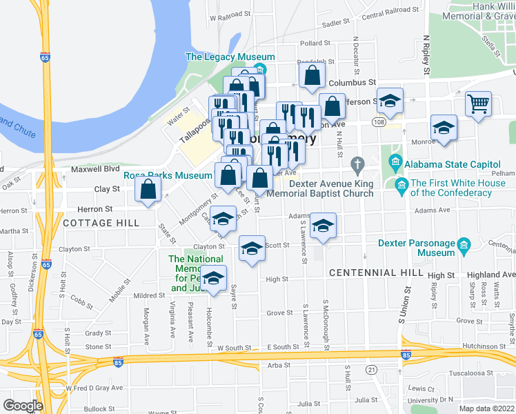 map of restaurants, bars, coffee shops, grocery stores, and more near 111 South Court Street in Montgomery
