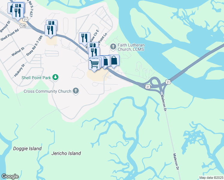 map of restaurants, bars, coffee shops, grocery stores, and more near 18 Green Family Drive in Beaufort