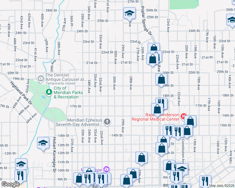 map of restaurants, bars, coffee shops, grocery stores, and more near 1814 30th Avenue in Meridian