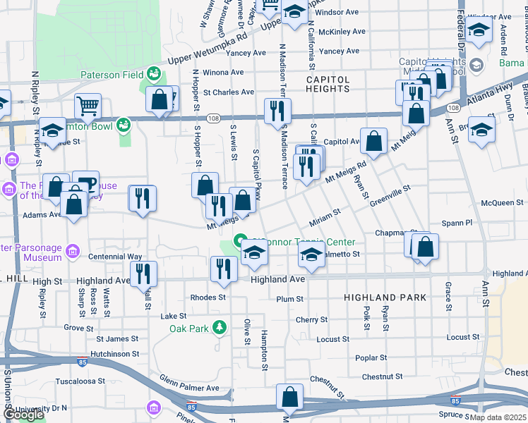 map of restaurants, bars, coffee shops, grocery stores, and more near 301 South Capitol Parkway in Montgomery
