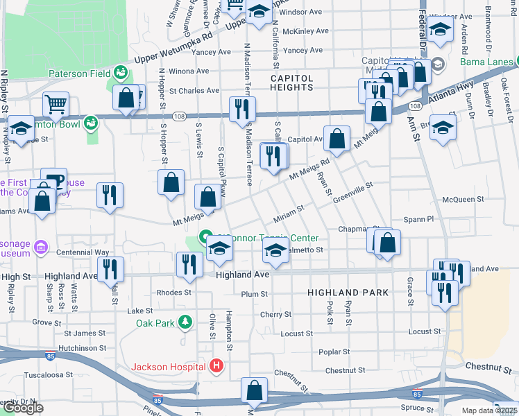 map of restaurants, bars, coffee shops, grocery stores, and more near 323 Boyce Street in Montgomery