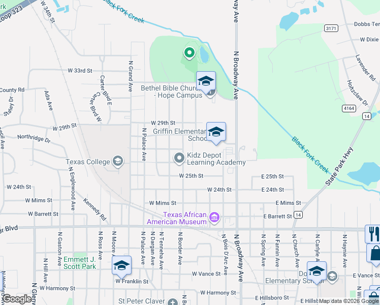 map of restaurants, bars, coffee shops, grocery stores, and more near 2621 North Border Avenue in Tyler