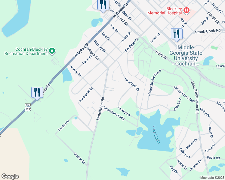 map of restaurants, bars, coffee shops, grocery stores, and more near 130-164 Pecan Point Circle in Cochran