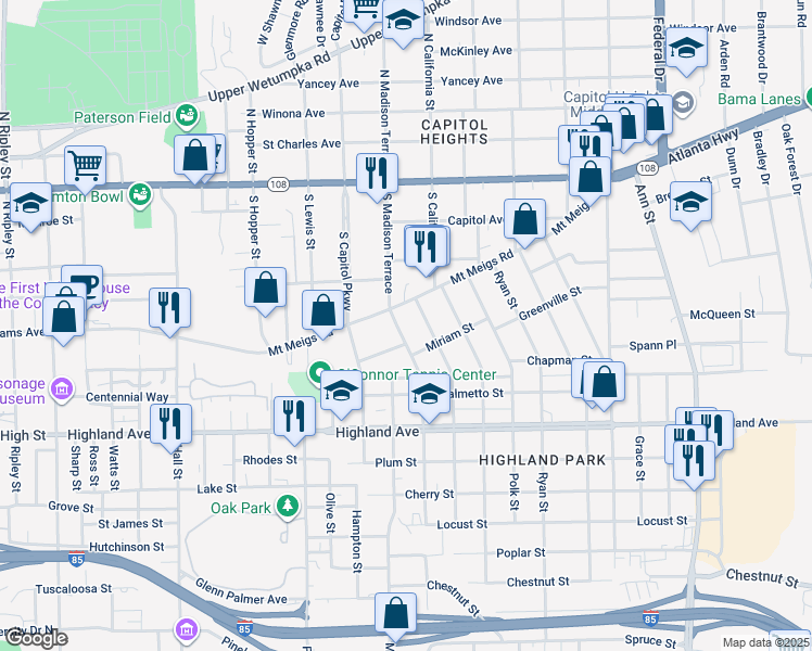 map of restaurants, bars, coffee shops, grocery stores, and more near 1802 Mount Meigs Road in Montgomery