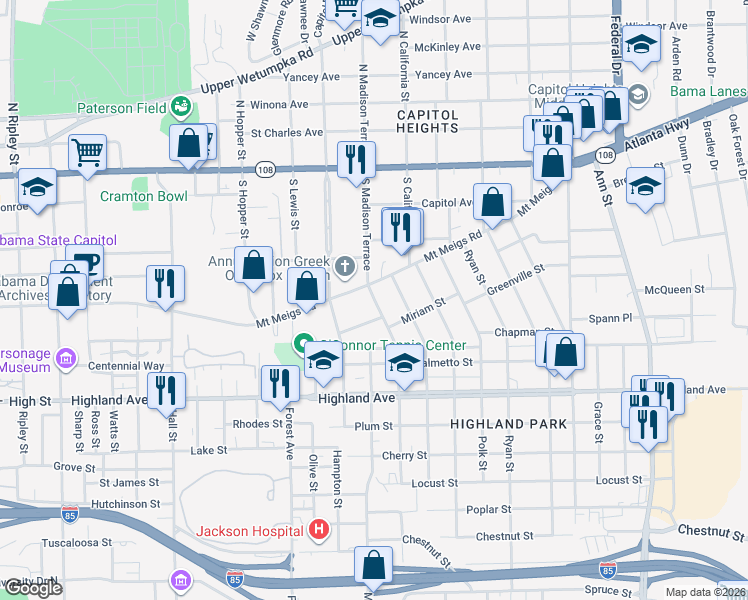 map of restaurants, bars, coffee shops, grocery stores, and more near 1802 Mount Meigs Road in Montgomery