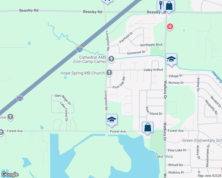map of restaurants, bars, coffee shops, grocery stores, and more near 332 Post Oak Road in Jackson