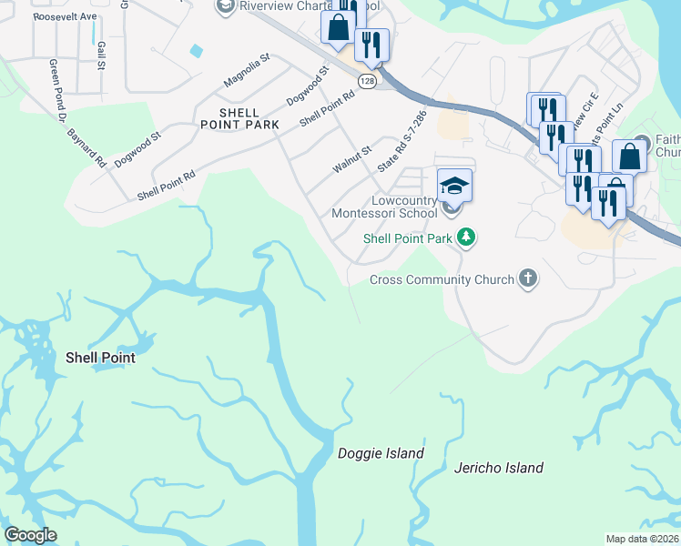 map of restaurants, bars, coffee shops, grocery stores, and more near 992 Broad River Drive in Beaufort