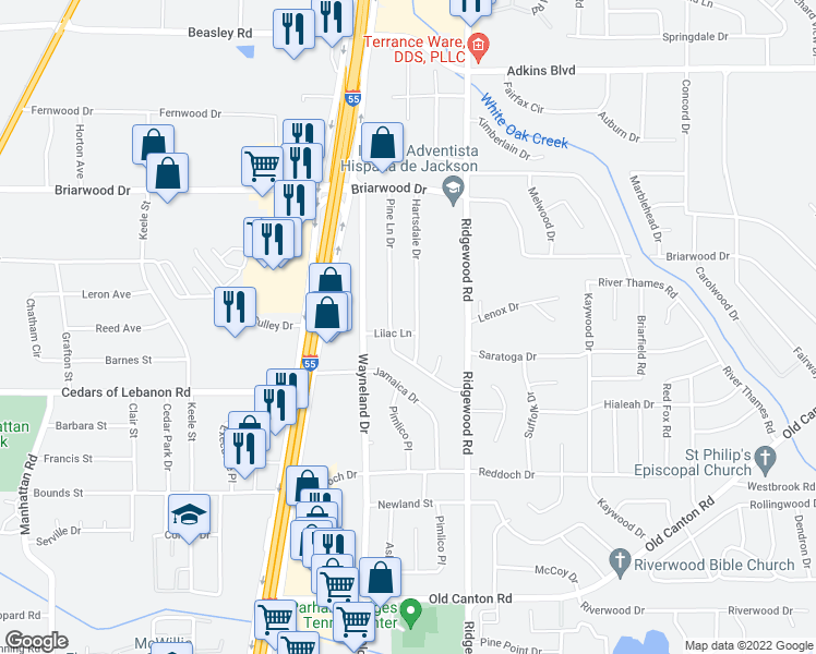 map of restaurants, bars, coffee shops, grocery stores, and more near 5405 Hartsdale Drive in Jackson