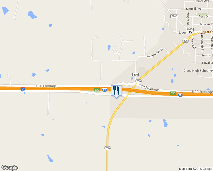 map of restaurants, bars, coffee shops, grocery stores, and more near 16818 Interstate 20 Frontage in Cisco