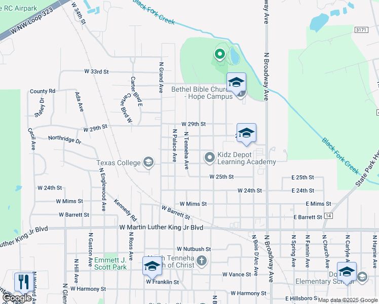 map of restaurants, bars, coffee shops, grocery stores, and more near 2527 North Tenneha Avenue in Tyler