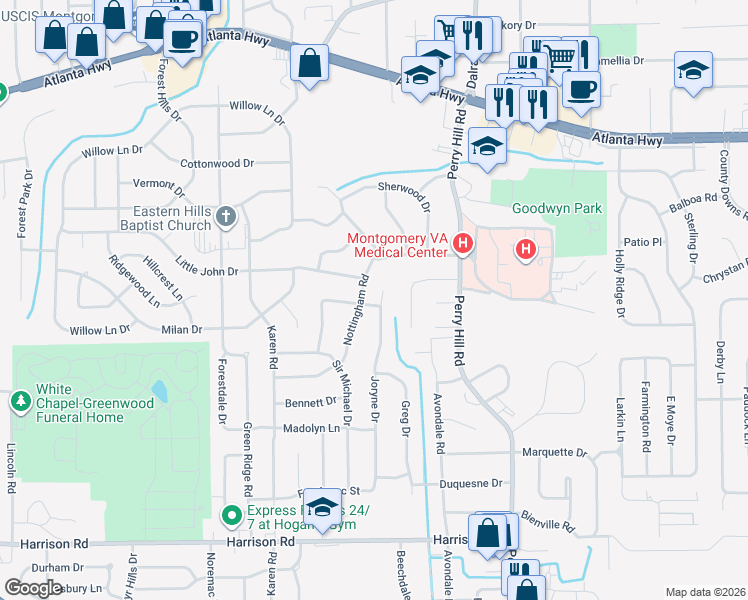 map of restaurants, bars, coffee shops, grocery stores, and more near 614 Joryne Drive in Montgomery